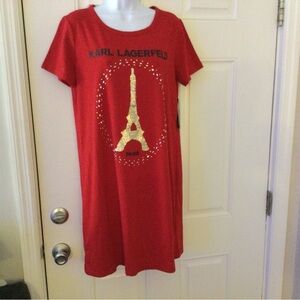 Karl Lagerfeld womens Red T shirt Dress with Gold Eiffel Tower Size M